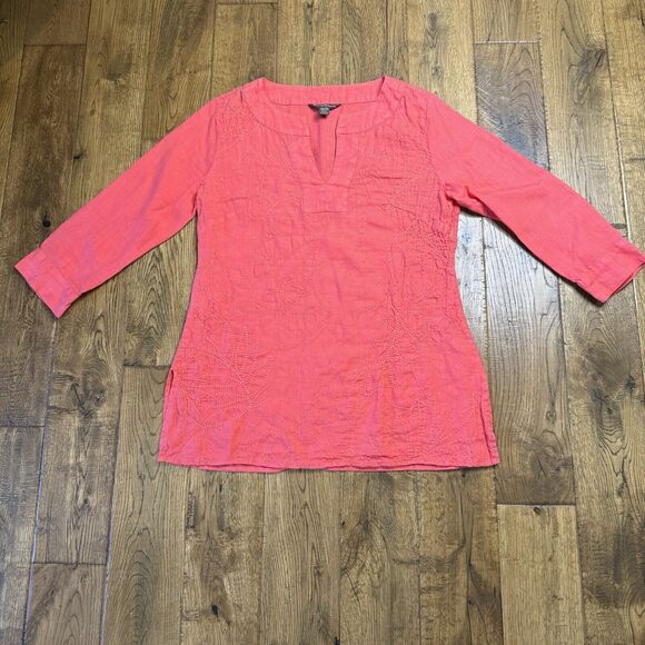 Tommy Bahama Coral Embroidered 100% Linen V-Neck 3/4 Sleeve Tunic Shirt Sz XS - Picture 1 of 6
